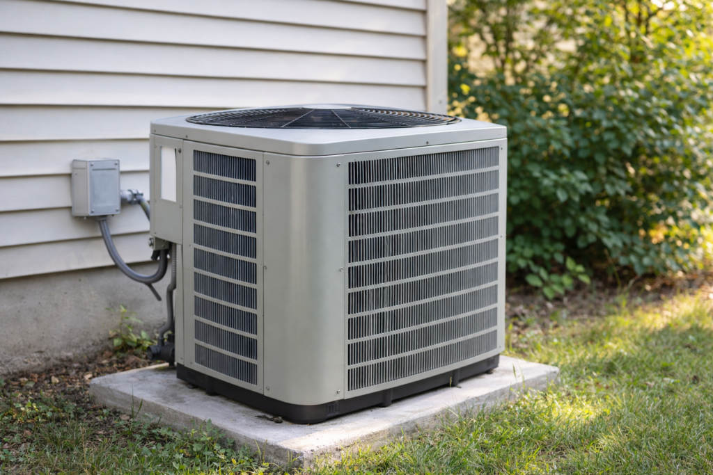 Central AC unit outside home, commonly seen when AC running but not cooling properly