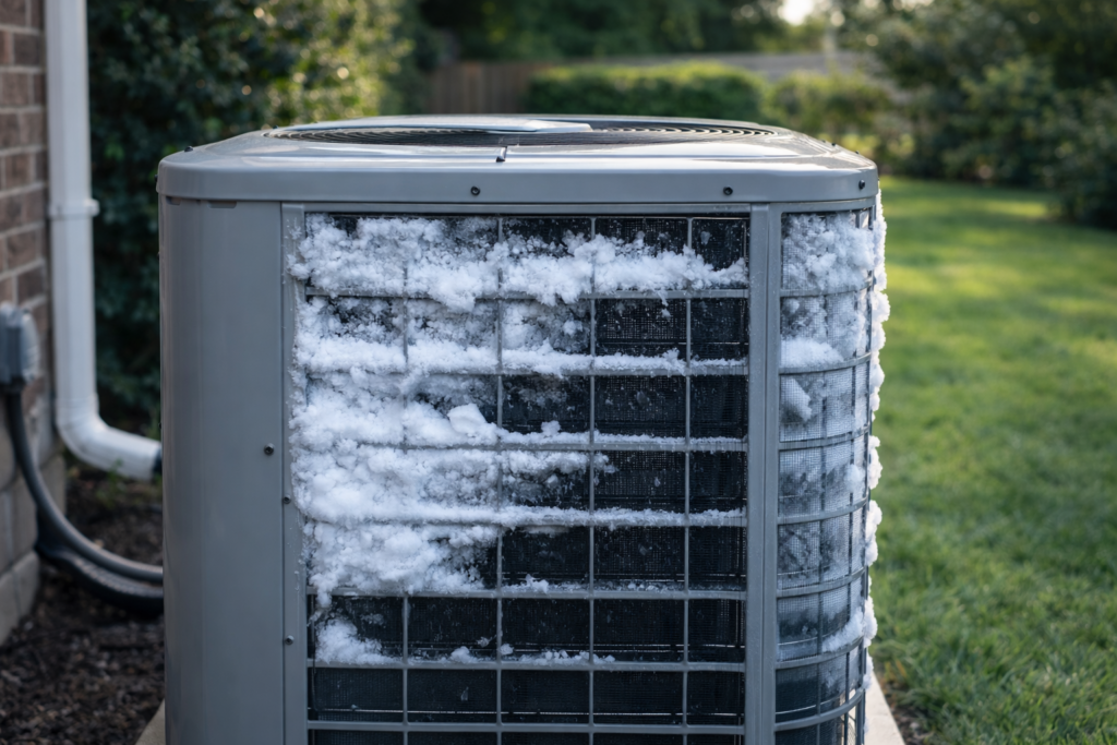Central air conditioning unit with visible ice buildup on coils outside a home