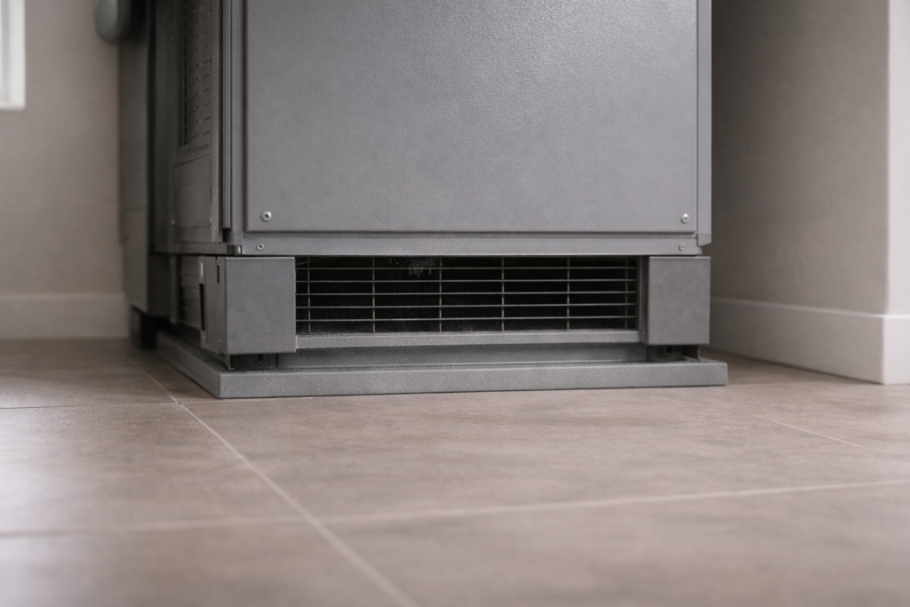 Central air conditioning indoor unit with vents showing no airflow and visible dust buildup