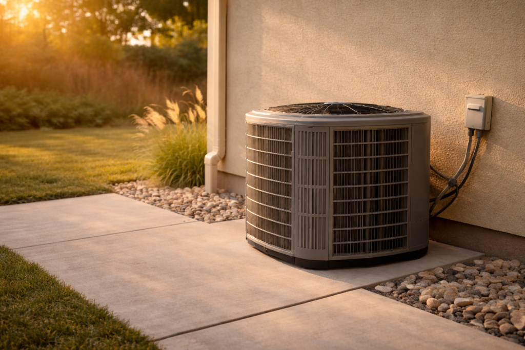 Outdoor air conditioning unit running beside stucco house in warm sunlight with visible heat haze