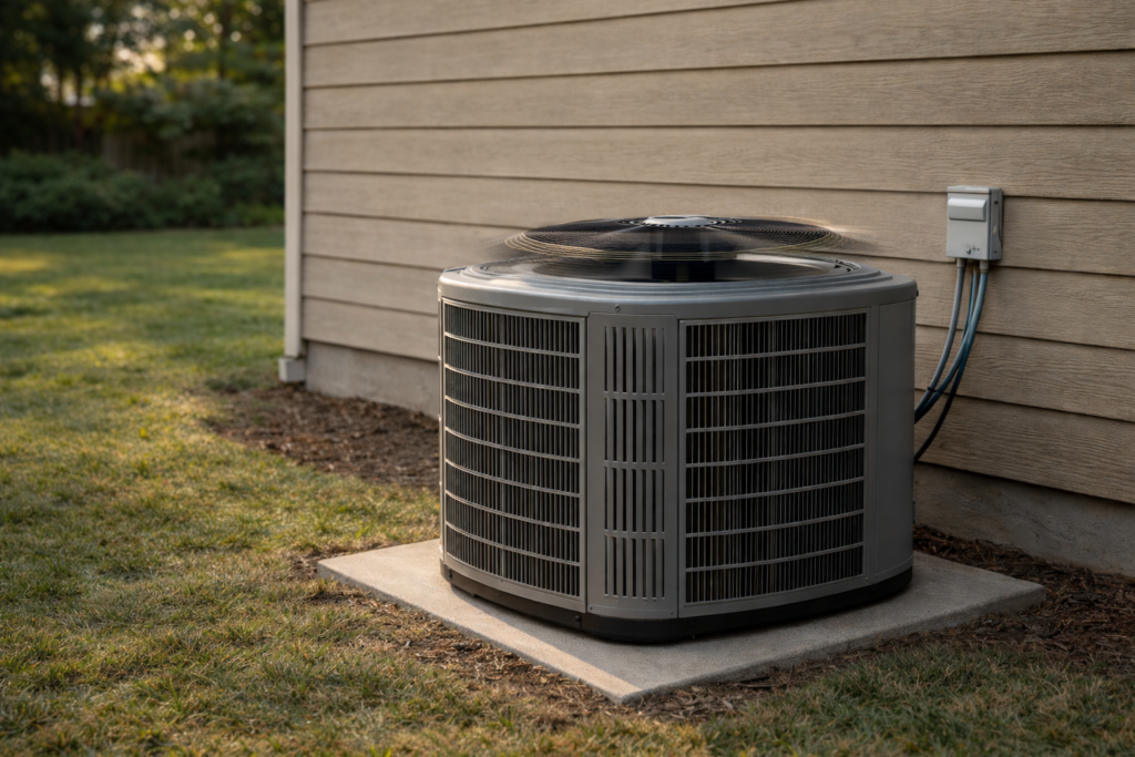 Outdoor air conditioning unit running with slight fan motion blur in residential yard